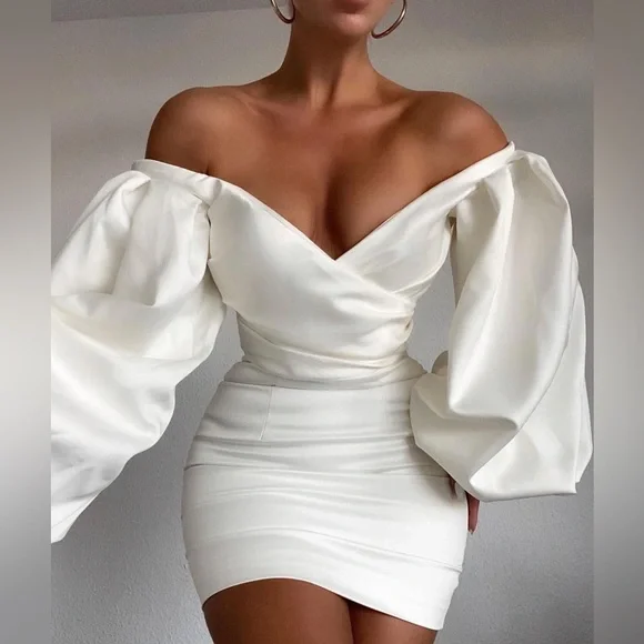 House of CB “Carlyn” Ivory satin balloon sleeve mini Dress